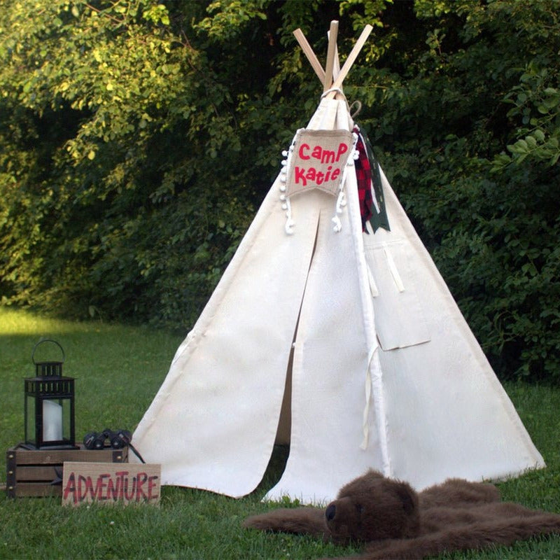 Kids Canvas Teepee Tent With Window, Mat and Personalized Banner, FIVE Sizes