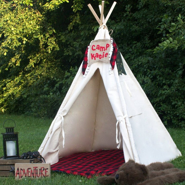 Kids Canvas Teepee Tent With Window, Mat and Personalized Banner, FIVE Sizes