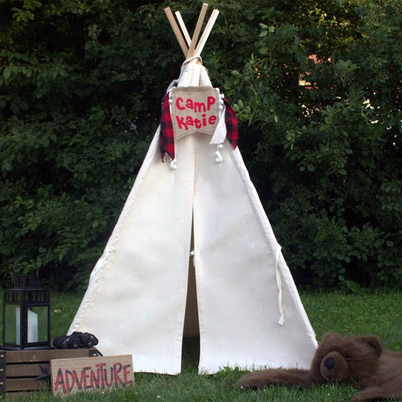 Kids Canvas Teepee Tent With Window, Mat and Personalized Banner, FIVE Sizes
