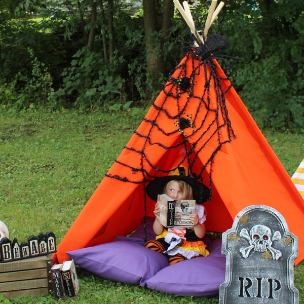 halloween tent Orange Canvas Kids Teepee Play Tent, Four Sizes, Can Include Window,  Halloween Teepee, Photo Prop Teepee, Poles Included