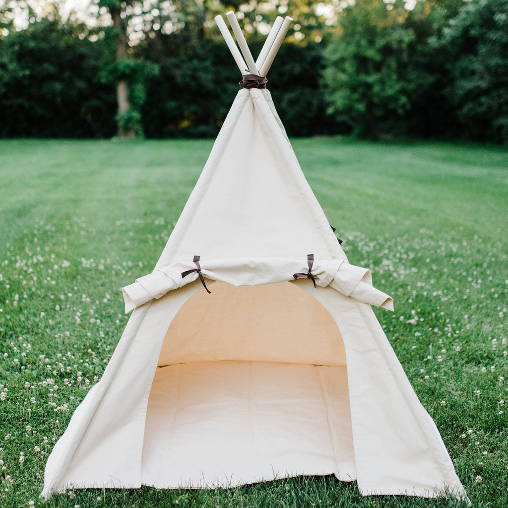 Kids Canvas Teepee Play Tent with Roll Up Door and Window, Two Great Sizes, With Blue Arrows or Natural Mat