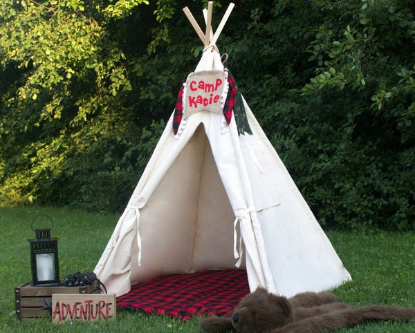 Kids Canvas Teepee Tent With Window, Mat and Personalized Banner, FIVE Sizes