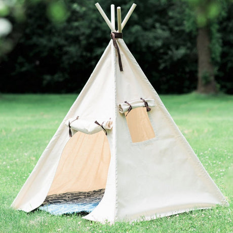 Kids Canvas Teepee Play Tent with Roll Up Door and Window, Two Great Sizes, With Blue Arrows or Natural Mat