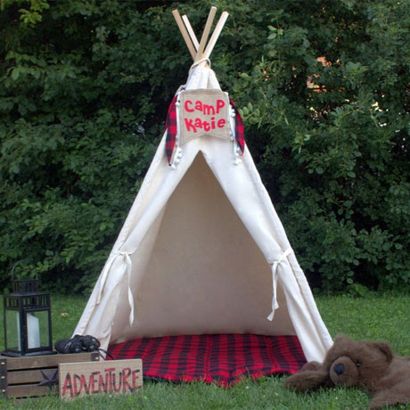 Kids Canvas Teepee Tent With Window, Mat and Personalized Banner, FIVE Sizes