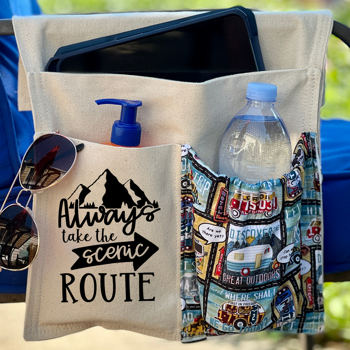 Camping Chair Caddy for your Camp Chair, Lounge Chair, Beach Chair, Always Take the Scenic Route